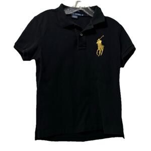 Ralph Lauren Big Pony Shirt Boy's Size Large - Black Skinny Polo With Gold Pony